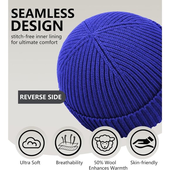 Women's Beanie Royal Blue Wool Unisex Cuffed Knit Winter Skull Ski Hats Caps - Picture 3 of 6